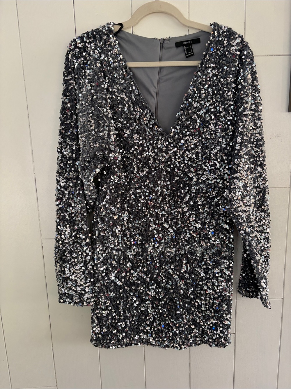 Forever 21 Silver Sequin Long Sleeve V-Neck Dress